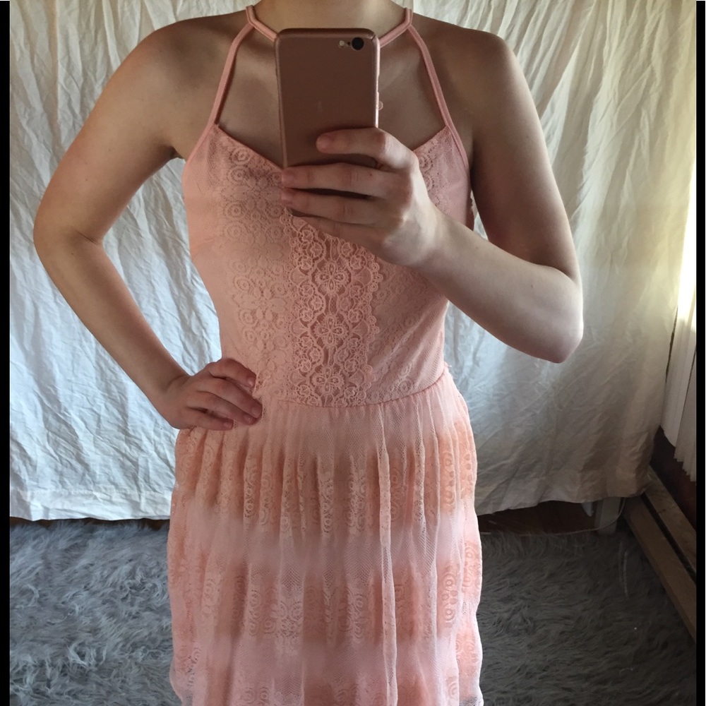 Pink lace skater dress